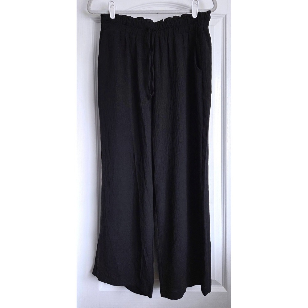 Black Wide Leg High Waist Paperbag Elastic Pullon‎ Waist Drawstring Pants Sz L